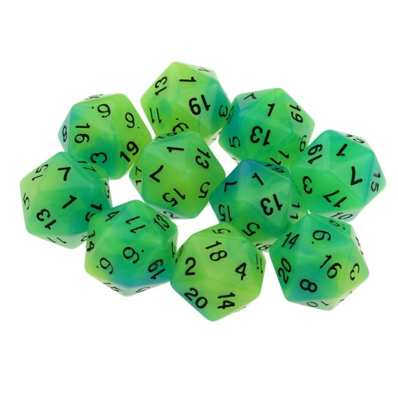 Xingzhi 10pcs Luminous Multi-Sided Dice Noctilucent D20 Dice Set for D&D TRPG Game Blue+Green