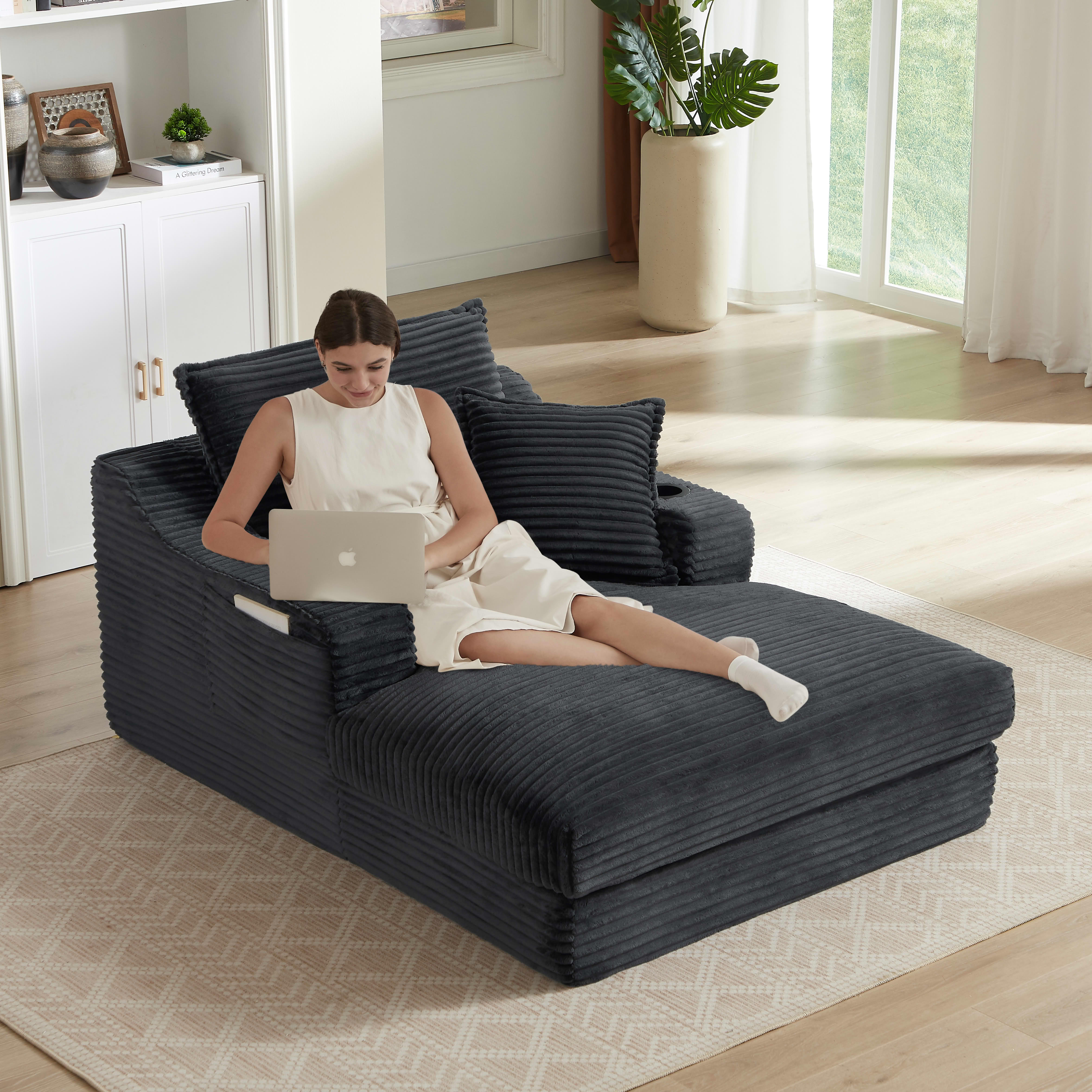 MAYEERTY Modern Compression Lounge Chair, Soft Corduroy Chaise Sofa with Cup Holders for Living Room, 47" Dark Gray