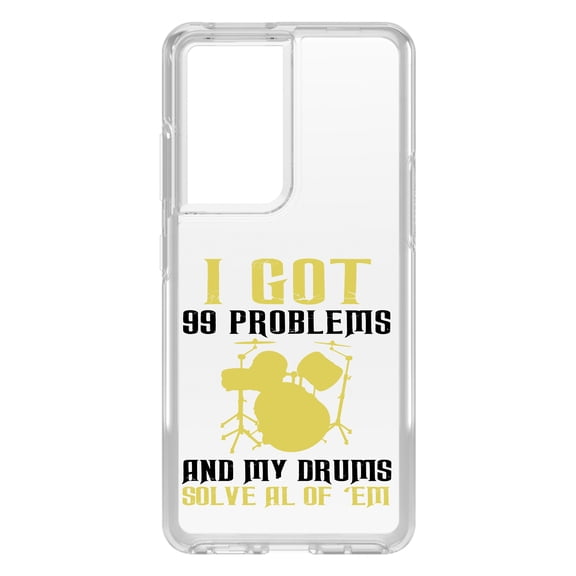 DistinctInk Clear Shockproof Hybrid Case for Galaxy S21 ULTRA 5G (6.8" Screen) - TPU Bumper Acrylic Back Tempered Glass Screen Protector - Got 99 Problems & My Drums Solve 'Em