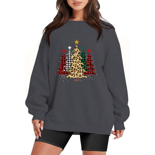 Gibobby Sudadera Navidad mujer Navidad Mujer Casual Manga Larga Impreso Sudadera Suelta Cuello Redondo Y 2 K Sudadera Blusa(Gris oscuro,XG)