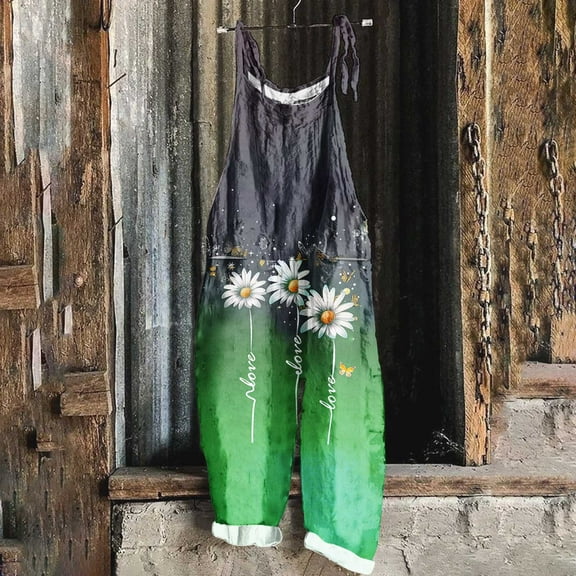 Jumpsuits for Women Summer Casual Loose Sleeveless Overalls Jumpsuit Ruffle Wide Leg Long Flare Pant Flowy Rompers Green L