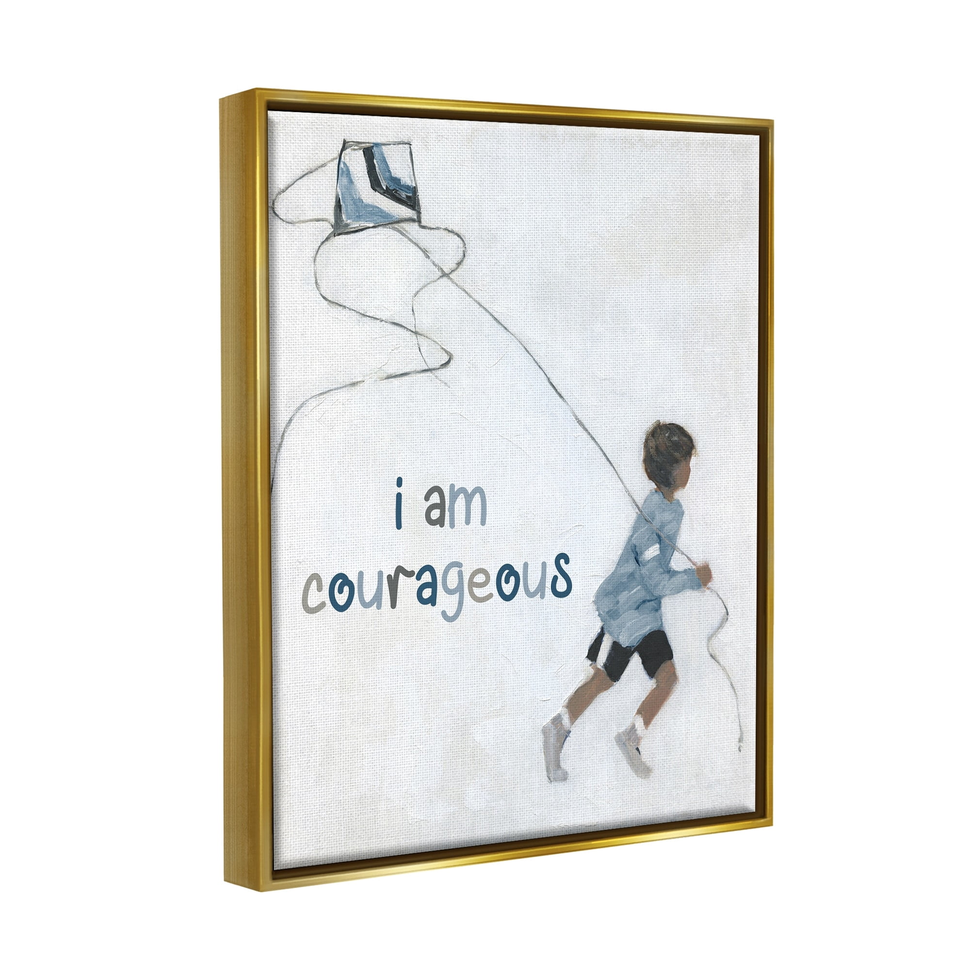 Stupell Industries I Am Courageous Child Flying Kite Uplifting Phrase Graphic Art Metallic Gold Floating Framed Canvas Print Wall Art, Design by Sally Swatland
