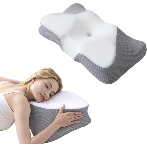 Cervical Neck Pillow for Pain Relief,Side Sleeper Pillow for Sleeping, Ergonomic Memory Foam Pillows for Shoulder, Supportive Cooling Pillow Comfortable Cushion for Nap Time Sleep Quality -White Grey