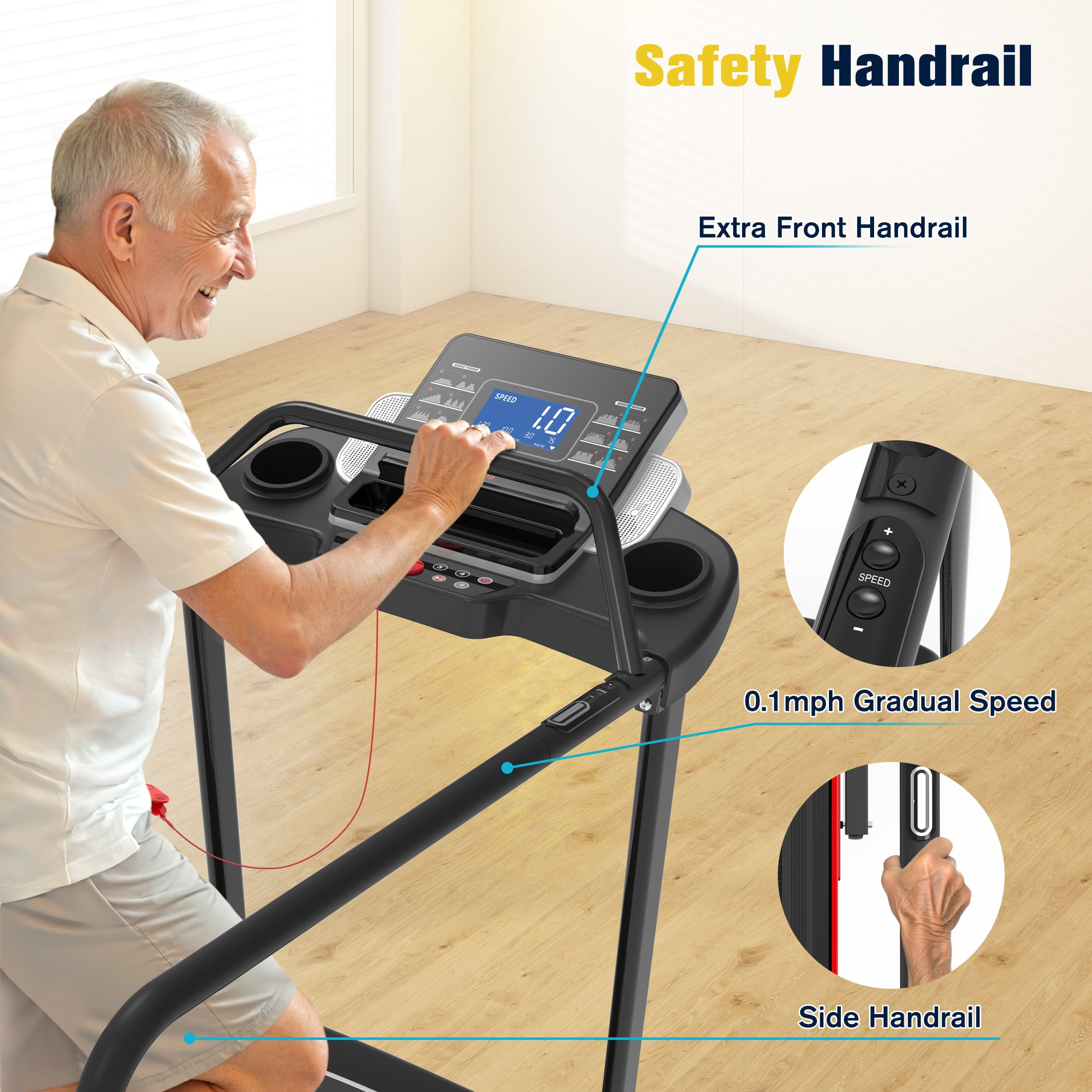 Hapacity Foldable Walking Treadmill for Seniors - 350 LBS Capacity with Front & Long Handrails, 0%-2% Incline for Home Recovery & Fitness