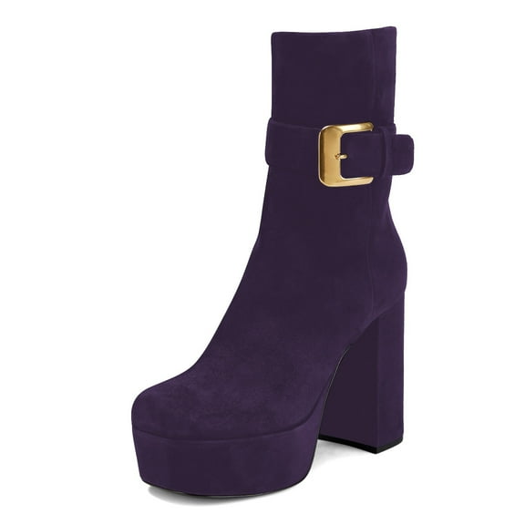 XYD Women Fashion Square Toe Ankle Boots Metal Buckle Strap Chunky Platform Heel Zip-up Boots Chic Shoes Size 7 Purple