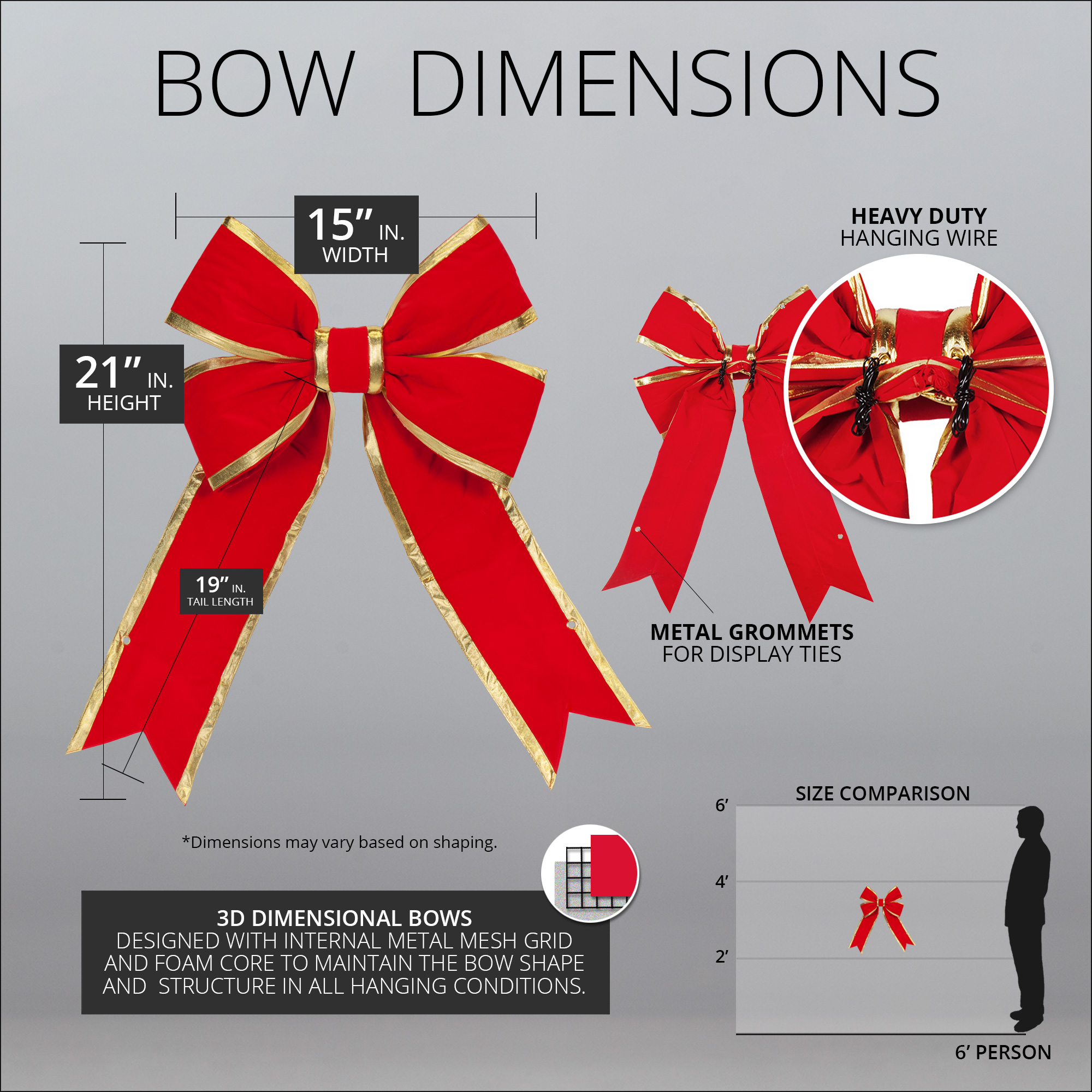 Red Indoor Christmas Bow, Heavy Duty Velvet 4-Loop Bow with Gold Trim, 15 Inch