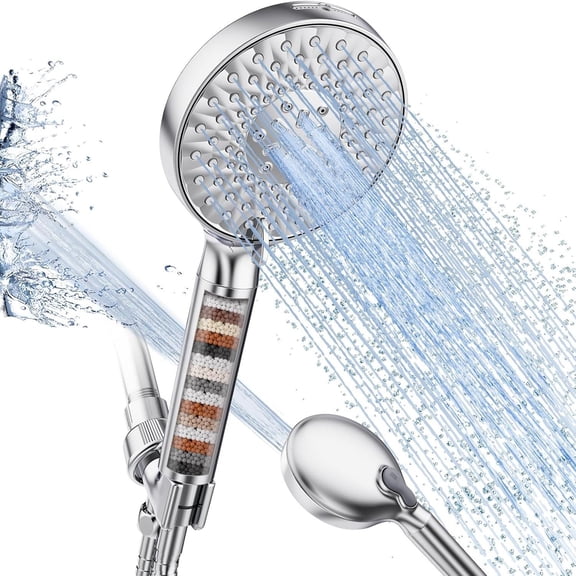 SR SUN RISE 9-Mode Filtered Shower Head, High Pressure Handheld Shower Head for Hard Water Remove Chlorine, with 71" Shower Hose & 1 Filter, Silver