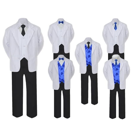 

5-7pc Formal Black White Suit Set Royal Blue Bow Long Tie Vest Boy Baby Kids Sm-20 Teen
