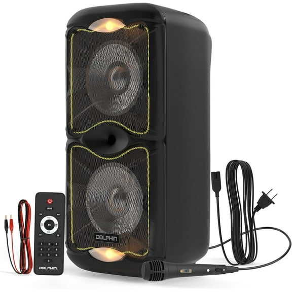 Dolphin Dual 12" Rechargeable Portable Party Speaker with LED Lights, Wireless PA System, Deep Bass, and 5-Band Equalizer