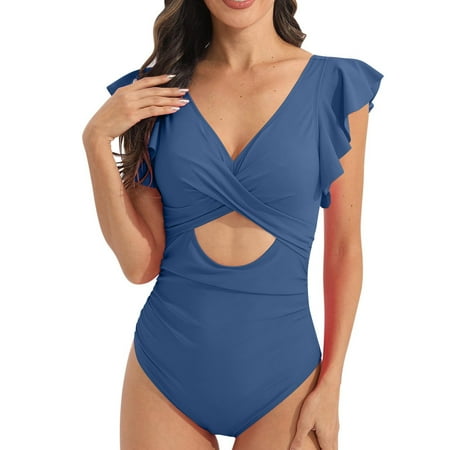 YI YI 2024 Women s Ruffled One Piece Swimsuits V Neck Tummy Control Swimwear Cutout High Waisted Bathing Suit M Light Blue