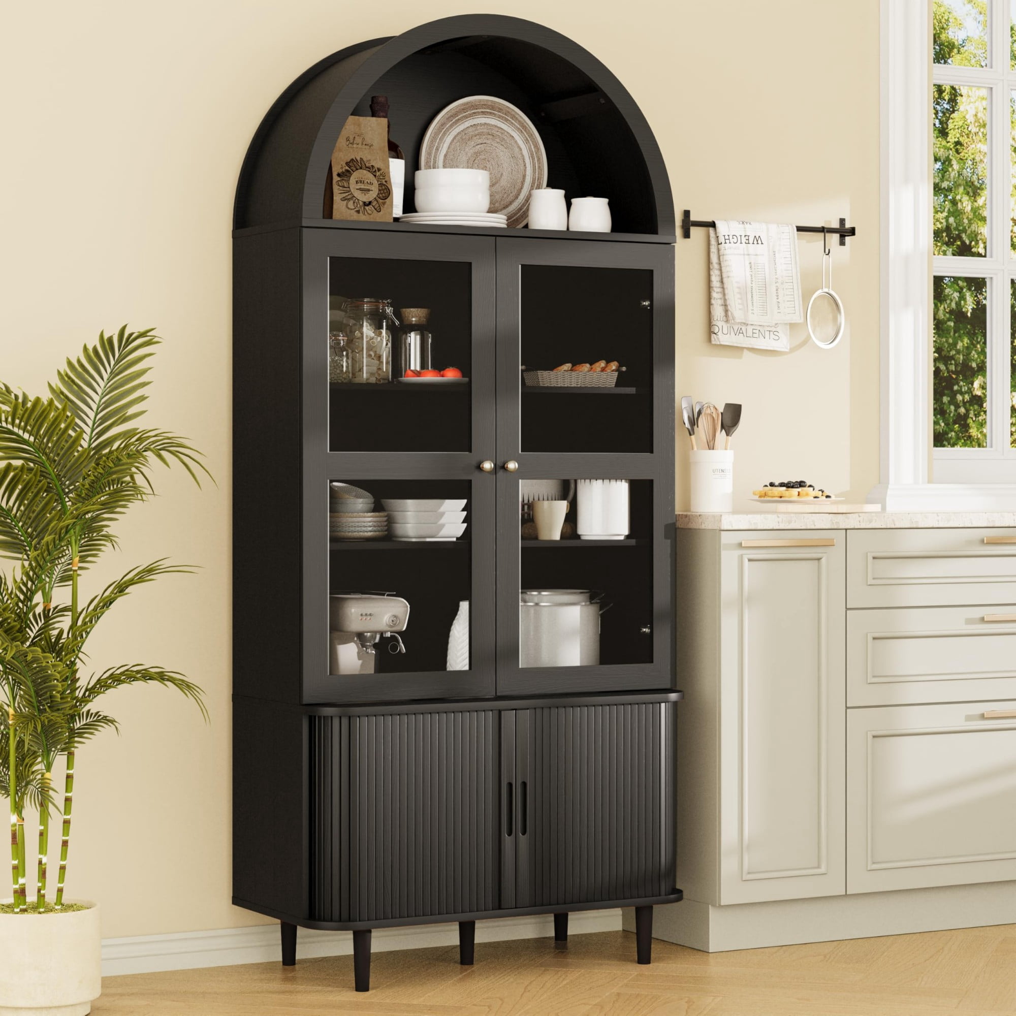 71 Inch Arched Cabinet with Glass Sliding Doors, Fluted Tall Pantry Cabinet with Adjustable Shelves, Black