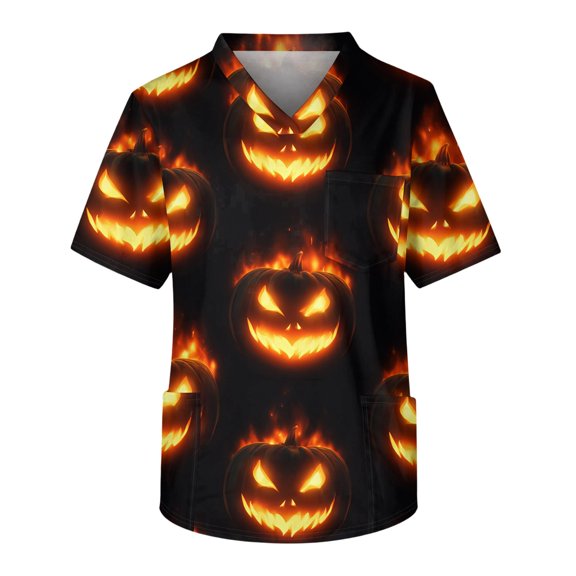 Satingcolo Halloween Stretch Scrubs Tops for Men Short Sleeve V Neck Scrub Top Plus Size Nurse Uniform Soft Cozy Medical Shirts Black S