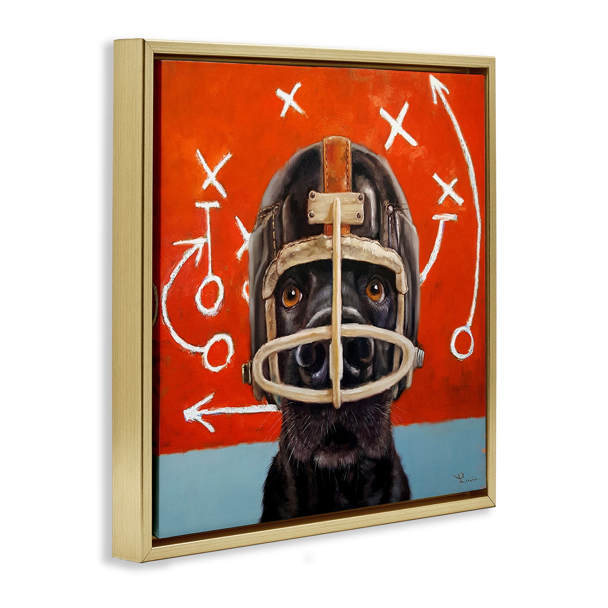 Stupell Industries Dog in Football Helmet Sports Plays Animals & Insects Painting Gold Floater Framed Canvas Art Print Wall Art, 18 x 18