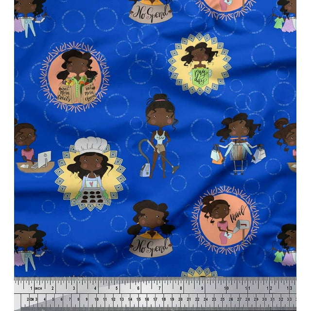 Soimoi Blue polyester Crepe Fabric Circle,Cook & Working Girl Print Fabric by the Yard 42 Inch Wide
