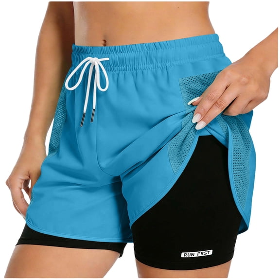 Kvture 2 in 1 Double Layer Running Shorts for Women High Waisted Gym Yoga Short Pants Color Block Athletic Workout Clothes Navy L