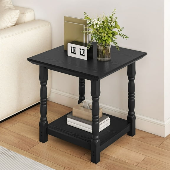 DEXTRUS Square End Table with Storage Shelves, Classic Side Table for Living Room, Black