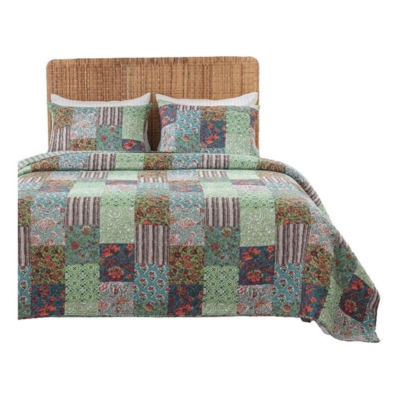 Benjara Aby 3pc King Quilt Set-Reversible Patchwork-Jade Green Cotton Microfiber