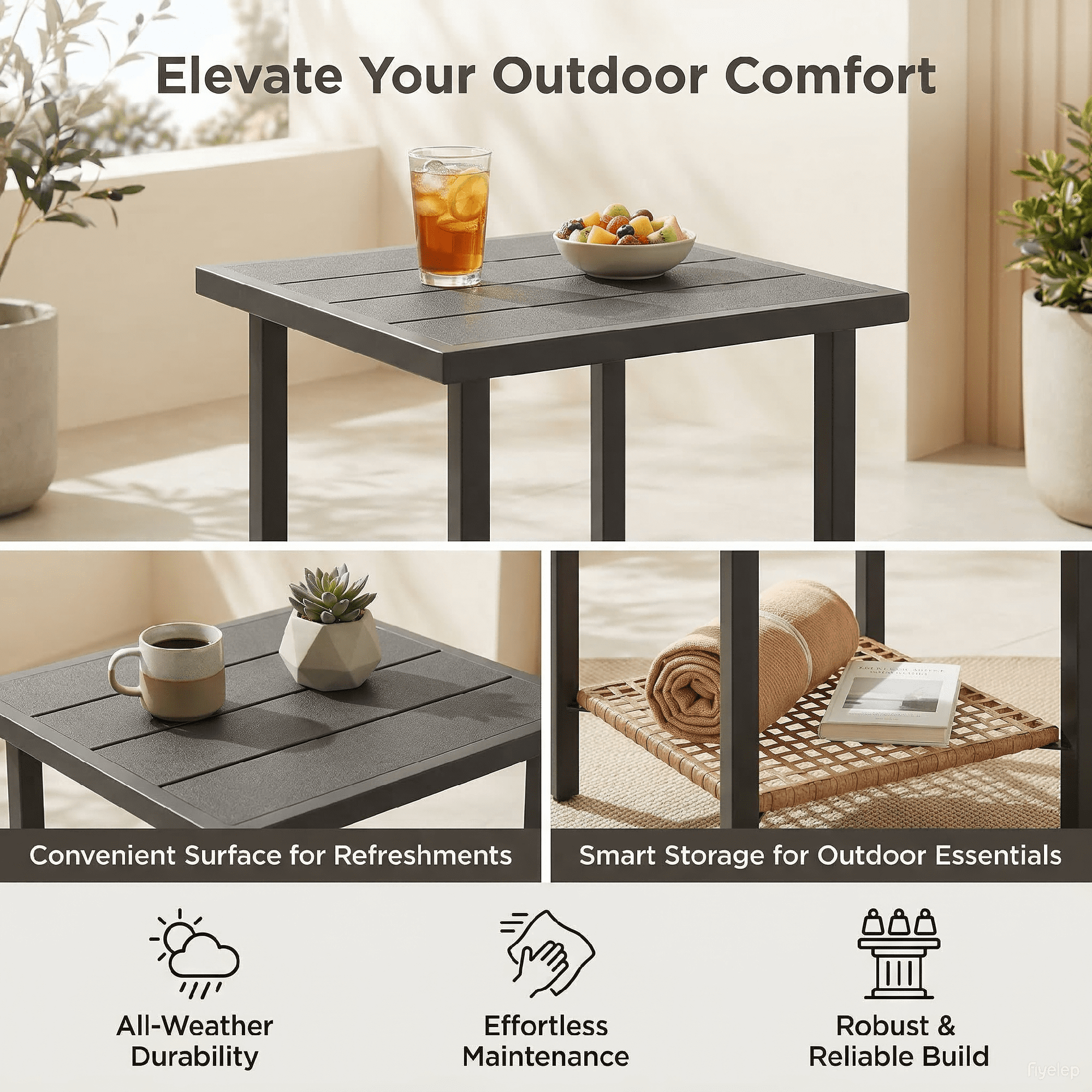 Deersky Outdoor Side Table, 17.7" Square Patio Coffee Table with Lower Wicker Shelf, All-Weather Metal Frame Table for Porch, Balcony, Backyard, Black