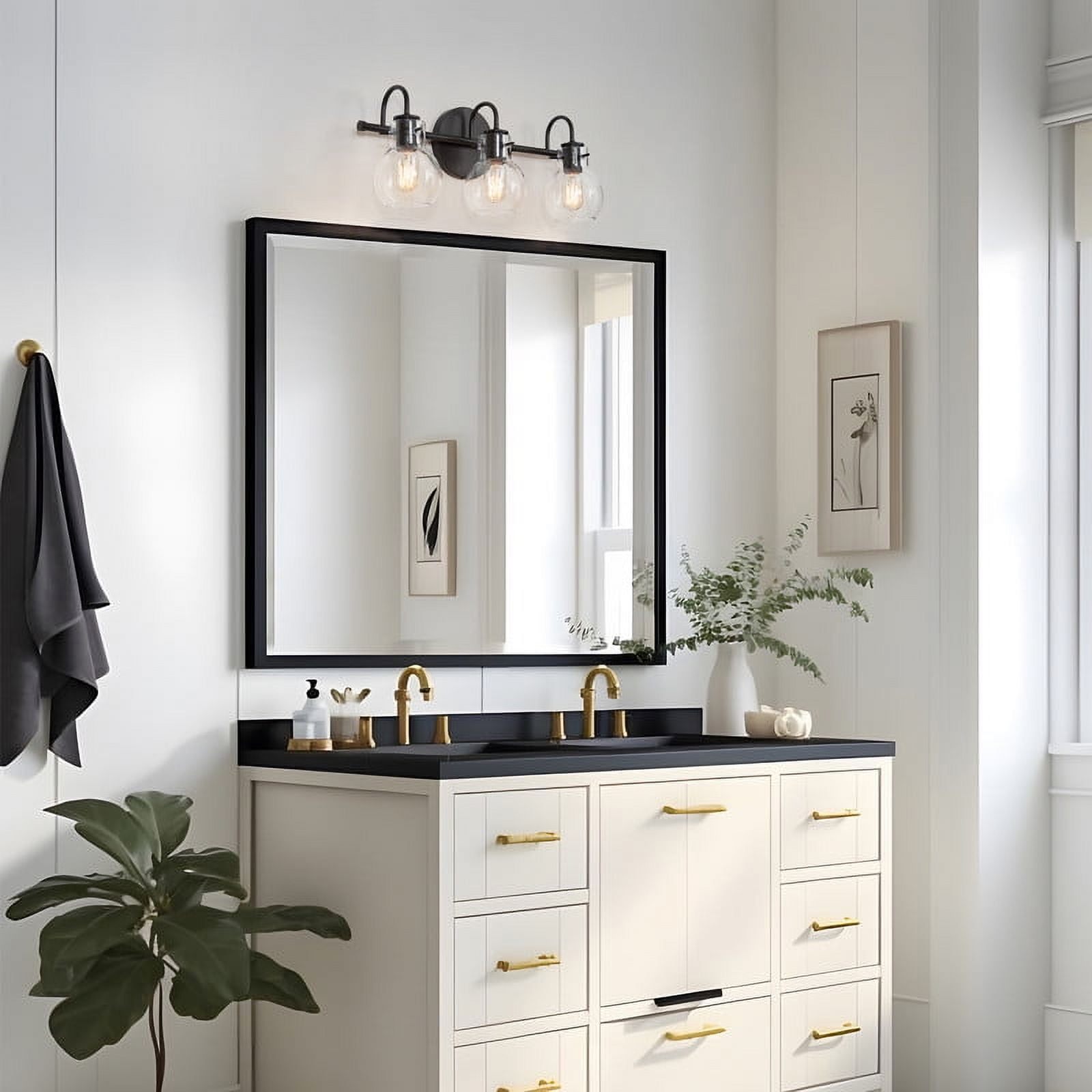 LNC Black 3-Light Bathroom Vanity Light with Clear Globe Shades, Dimmable, 22" W