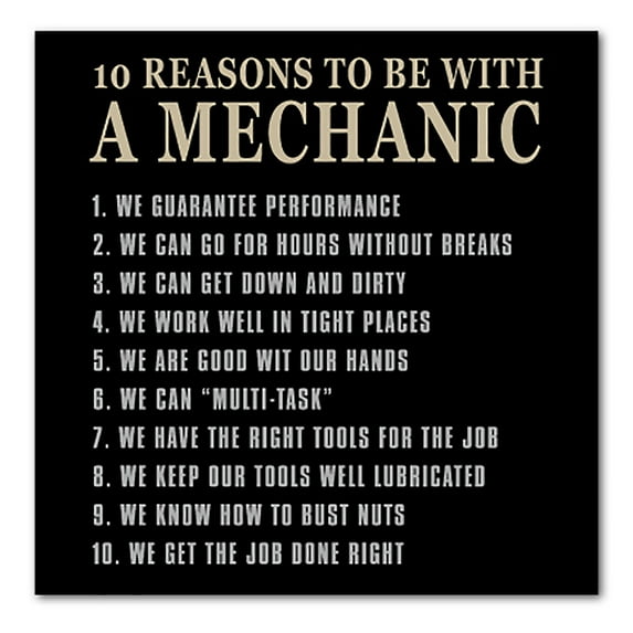 DistinctInk Custom Bumper Sticker - 10" x 10" Decorative Decal - Black Background - 10 Reasons to Be With a Mechanic