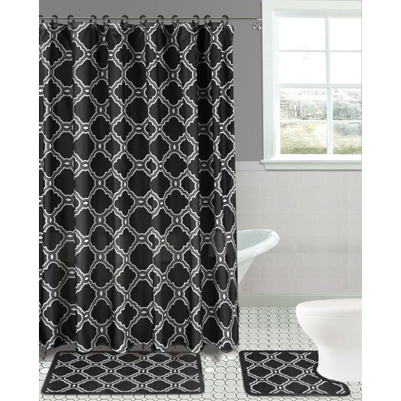 STYLE 4PC SET BATHROOM BATH MAT RUG SHOWER CURTAIN 2-TONE COLOR