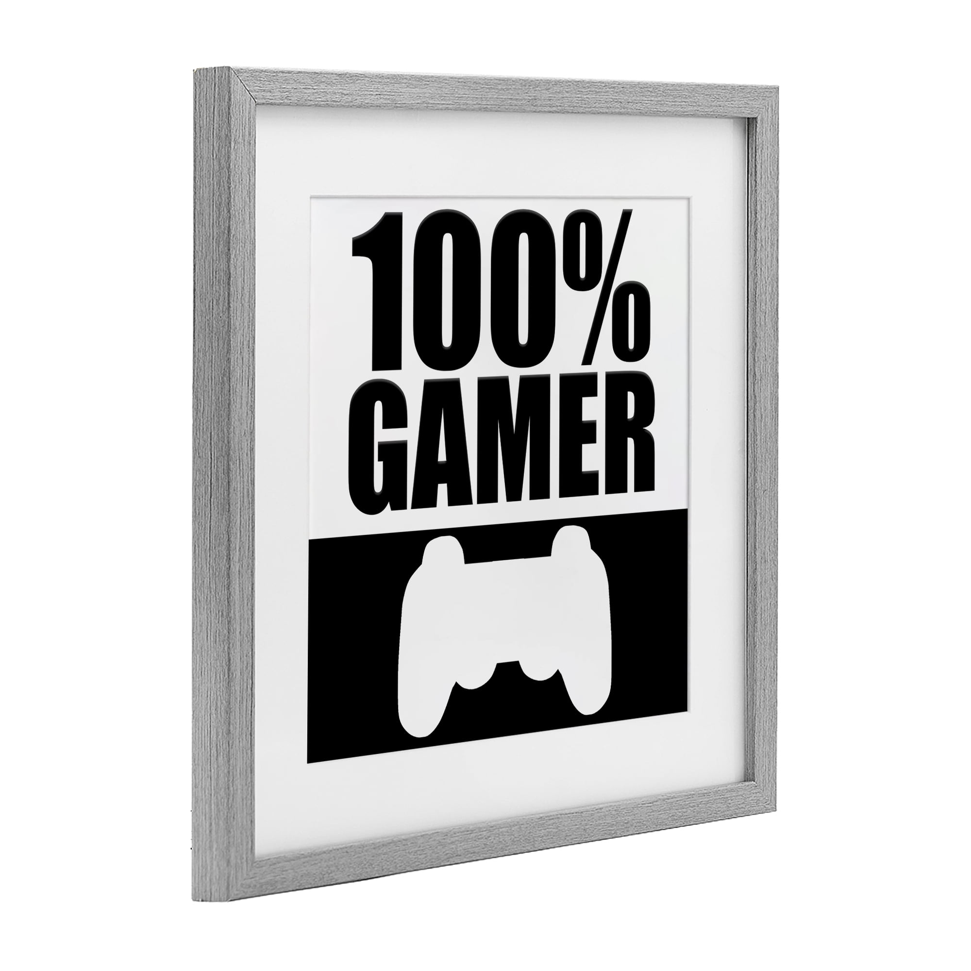 100% Gamer Black & White Gray Framed Print Under Glass, design by Kim Allen