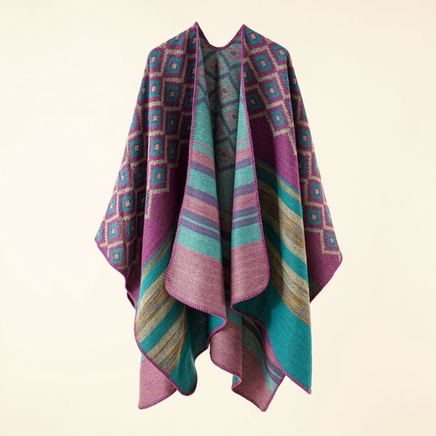 Nvzi Poncho tipo capa con diseño vintage y parte delantera abierta, chal de invierno, color morado