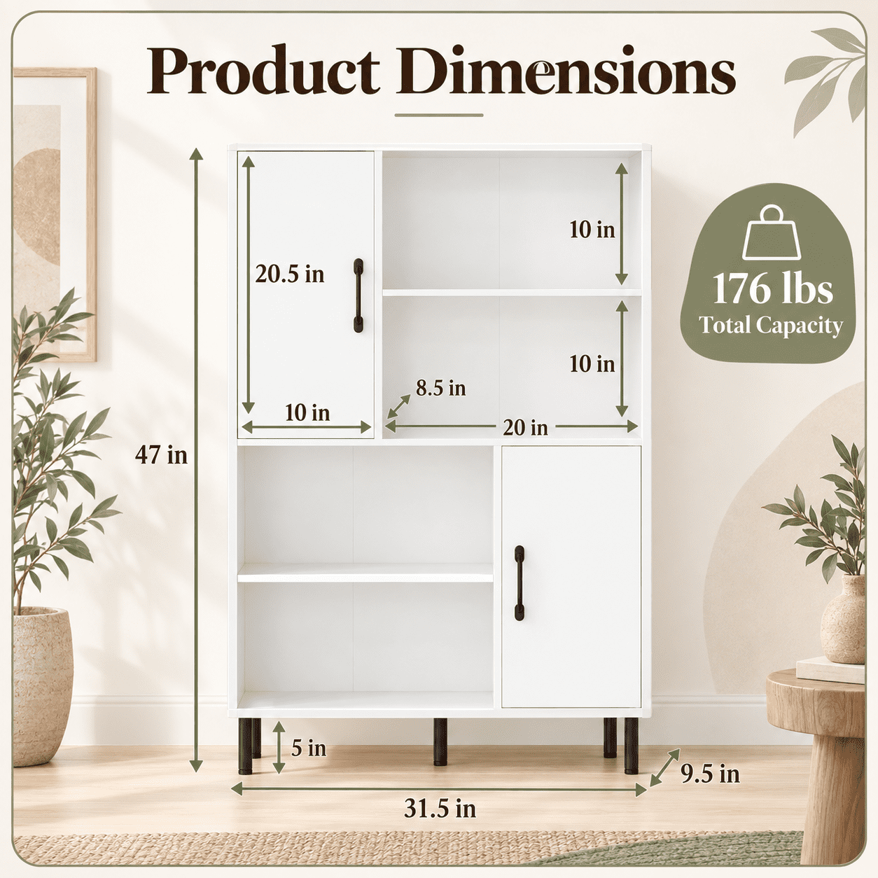 Furnibear 47 Inch Storage Cabinet Freestanding Bookcase Bookshelf with 2 Doors and 4 Open Shelves for Living Room Home Office Bedroom Kitchen Display Storage, White
