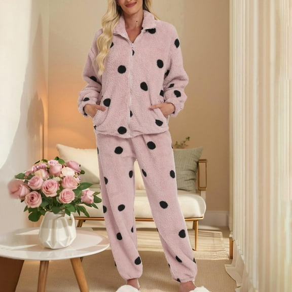 Cadancy Womens Sweat Set Zip Up Fleece Polka Dot Long Sleeve Jacket with Pocket High Waisted Jogger Pants Soft Warm Cozy Loungewear y2k Fashion 2 Piece Sweatsuits