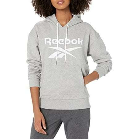 REEBOK Womens Gray Ribbed Pocketed Drawstring Pullover Logo Graphic Long Sleeve Hoodie Top L