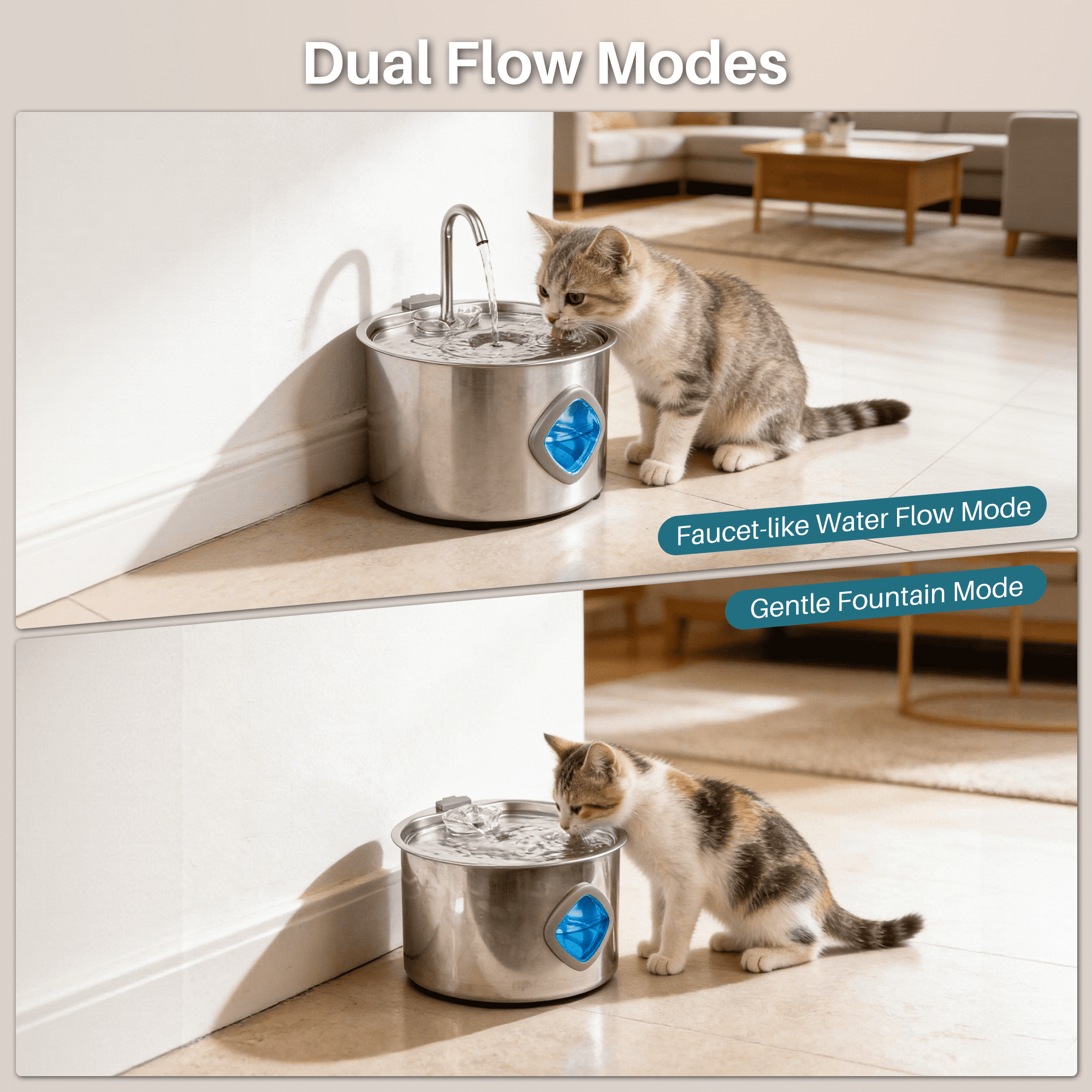 NIGHTEEN Water Fountain, 3.2L/108oz Automatic Pet Water Fountain Stainless Steel for Cats Dogs with Replacement Filters