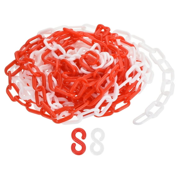 Plastic Chain Links, 1.3-Inch 25 Foot Barrier Chain with S-hooks, Red/White
