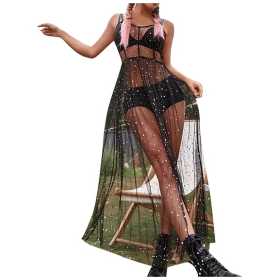 EYNMVR Black See Through Dress Sheer Mesh Rave Outfits Long Dresses for Women