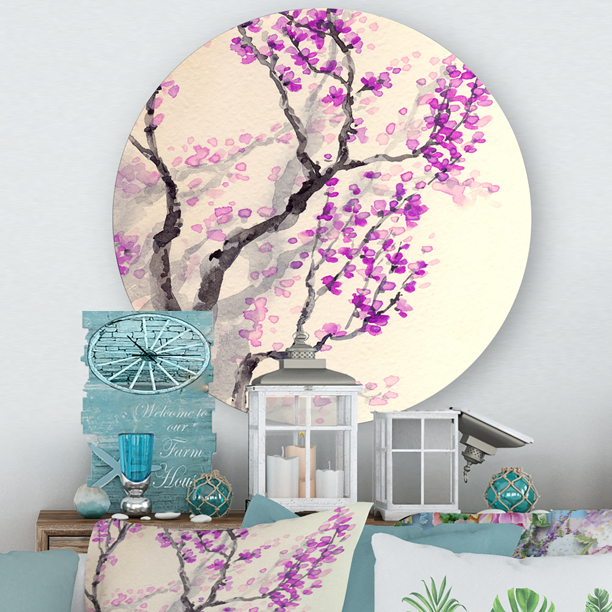 Designart 'Abstract Spring Purple Flowers On Tree Branches' Traditional Circle Metal Wall Art 23x23 - Disc of 23