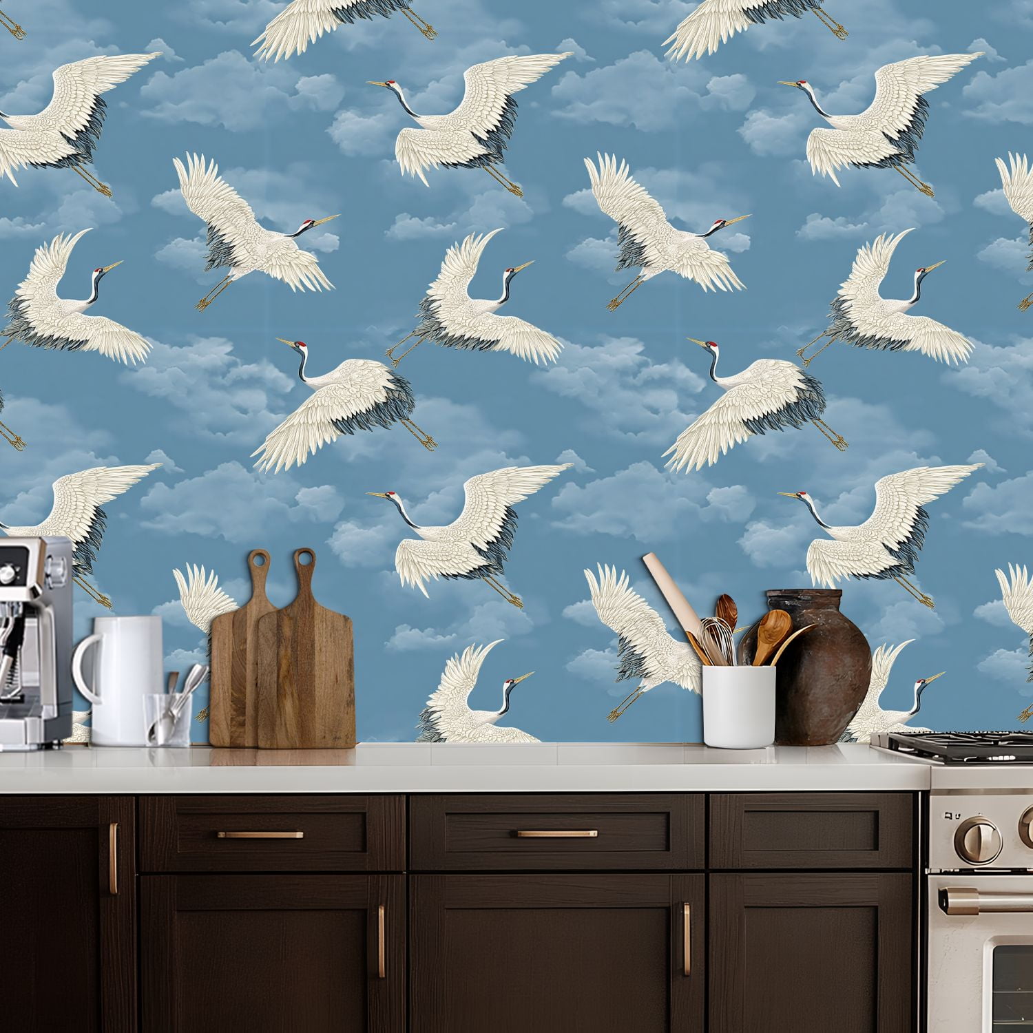Crane Peel and Stick Wallpaper 17.7in x 9.8ft Cranes Soft Blue Sky Fluffy Clouds Contact Paper Vinyl Waterproof Self Adhesive Wall Paper for Bedroom Shelf Cabinet Renter Friendly