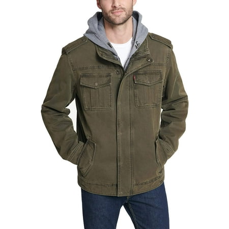 Levis Mens Washed Cotton Hooded Military Jacket Standard X-Large Olive