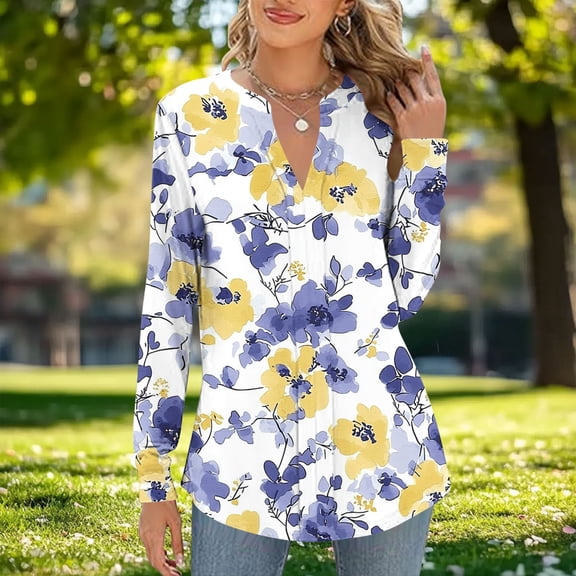 Fznquz Casual Tops for Women Floral Spring Fall Yellow T Shirt Long Sleeve V Neck Dressy Blouses,M