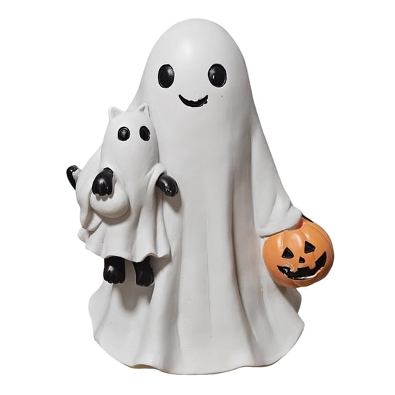 1Pc Halloween Ghost Holding Black Cat and Pumpkin Ornaments,Resin Figurine Holding Pumpkin Decor Cute Handmade Tabletop Statue Perfect for Halloween Home Decoration(White)