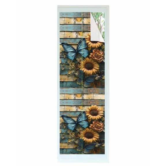 Window Privacy Film Yellow Flower Butterfly Stained Glass Window Film Decorative Sun Block Window Cover Teal Metal Striped Vintage Window Clings Static Adhesive Sticker for Bathroom 23.6"x78.7"