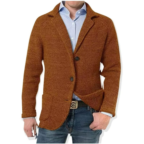 Pisexur Jackets for Men Comfortable Coats for Men Men Casual Solid Turn Down Collar Button Pockets Long Sleeve Suit Jacket Brown,L