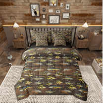 Manfei Bass Big Fish 7-Piece Twin Bedding Sets,Pike Fish Bedding Comforter Set,Brown Old Wooden Board Sheet Sets For Boys Teens,Luxury Bedroom Decor Reversible