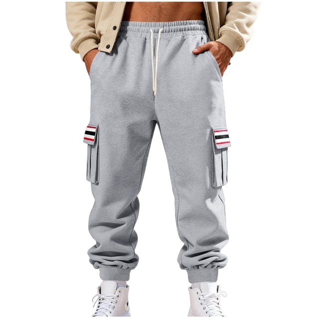 Lovzfmll Men's Retro Striped Fleece Joggers, Solid Color Base, Heavy Pile, Drawstring Waist, Pockets for Warmth Gray, S