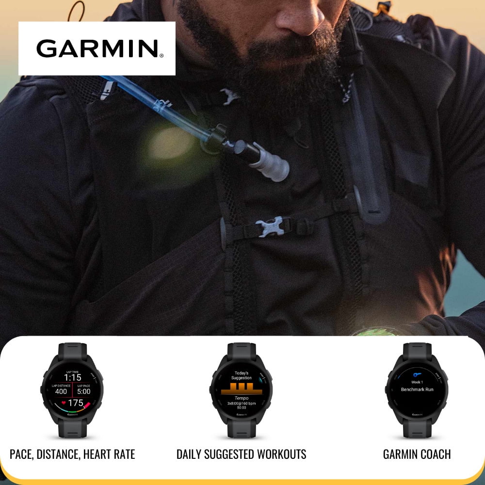 Garmin Forerunner 165 GPS Running Smartwatch (Mist Gray-Whitestone) Bundle with Focus Camera Charger Stand for Garmin Smartwatches and In-Ear Earbud Headphones (White) (3 Items)