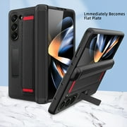 ELEHOLD Full Body Case for Samsung Galaxy Z Fold 5,with Built-in Screen Protector Hinge Protection Hidden Kickstand Non-Slip Wristband Shockproof Leather Case for Samsung Z Fold 5, Black Red