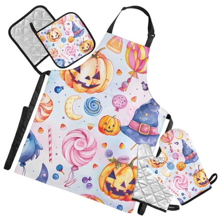 Halloween Pumpkins Magic Hat Candy Apron Set with Oven Mitts Pot Holders Set of 5 Kitchen Stuff Accessories