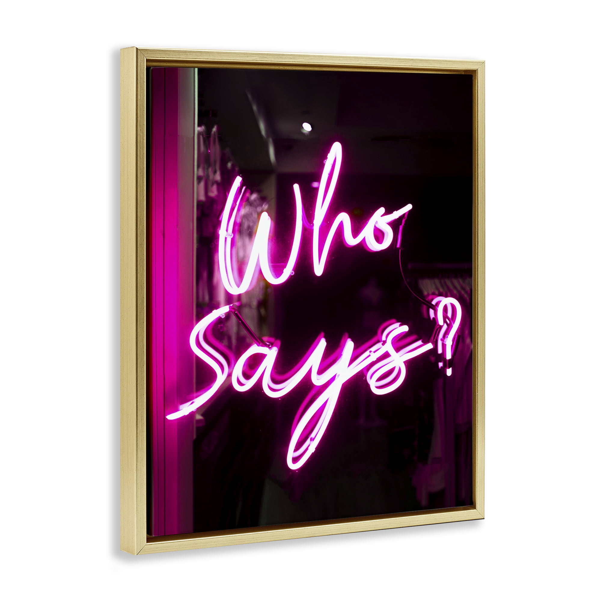 Stupell Industries Pink Neon Who Says Typography Painting Gold Floater Framed Art Print Wall Art, 25 x 31