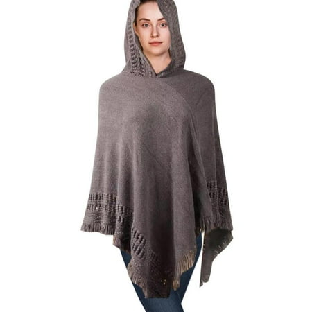 - Hooded Knit Poncho with Fringe-Grey