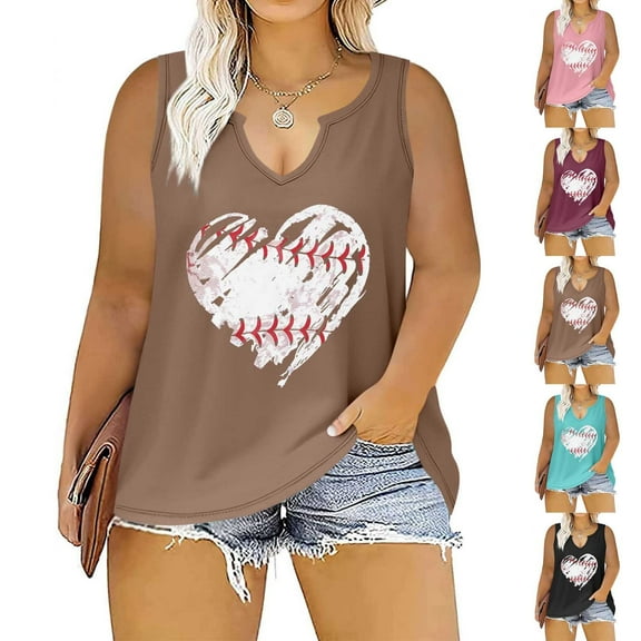 BiZtdJrK Baseball Tank Top Plus Size Women Sleeveless Love Heart Graphic Print Shirt Game Day Player Mom Gifts Khaki M