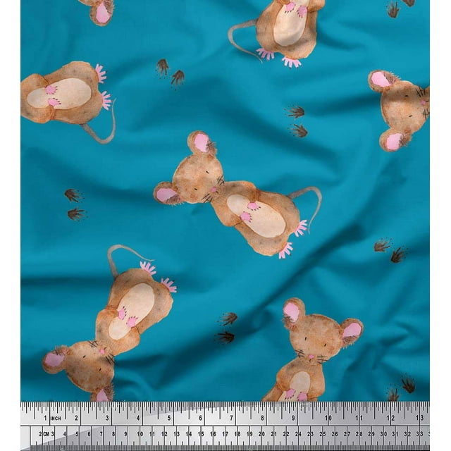 Soimoi Blue Georgette Viscose Fabric Footprints & Mouse Kids Decor Fabric Printed Yard 44 Inch Wide