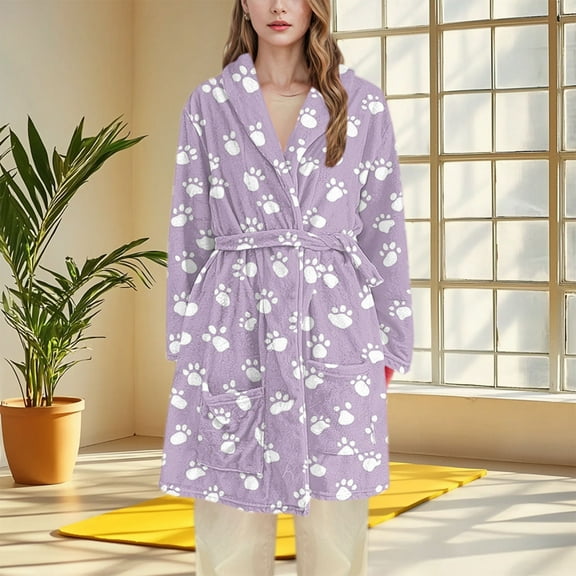 LIBRCLO Robes for Women Cozy Soft Fleece Hooded Pajamas Printed Warm Casual Home Loungewear